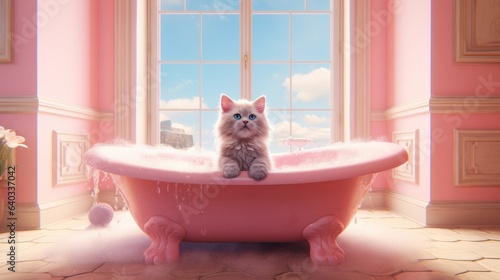 Cute cat in pink bathtub with big window. 3d rendering