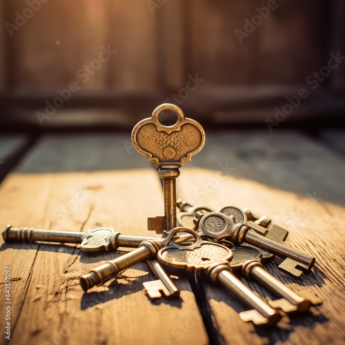 old key on old wooden background photo