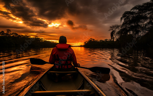 Man in a canoe paddling into the sunset on a river, ripples in the water, orange and grey sky. Serene outdoor scene. © Holly Berridge