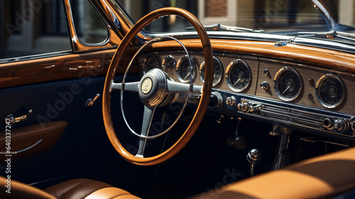 Wooden and Steel Steering Wheel in a Luxury Retro Cabriolet Car © Saran
