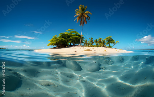 Half-underwater  half-above image of a tropical island  blue sky  trees  translucent turquoise ocean. Perfect for holidays  vacation  and travel.