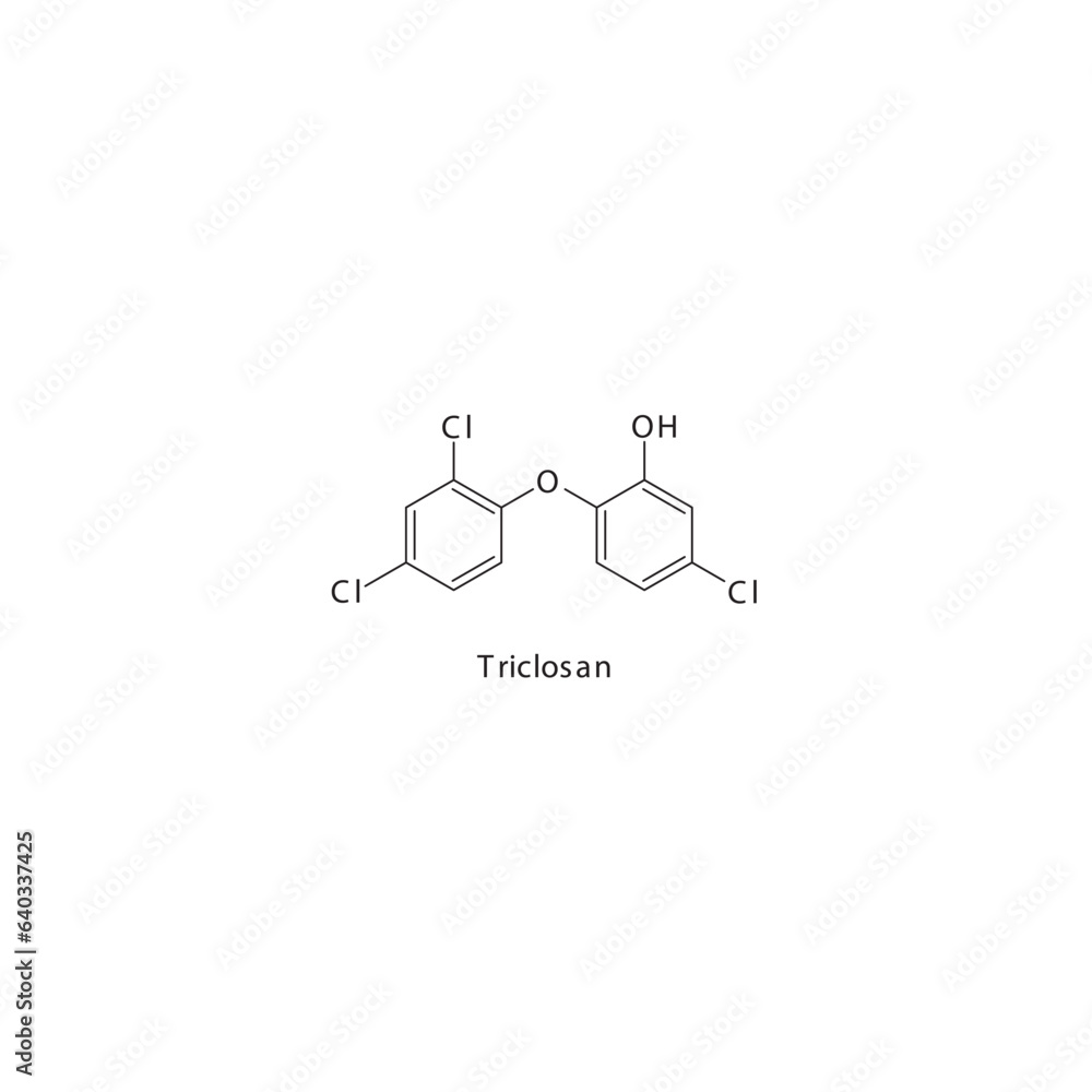 Triclosan flat skeletal molecular structure Antibacterial agent drug used in skin disinfection treatment. Vector illustration.