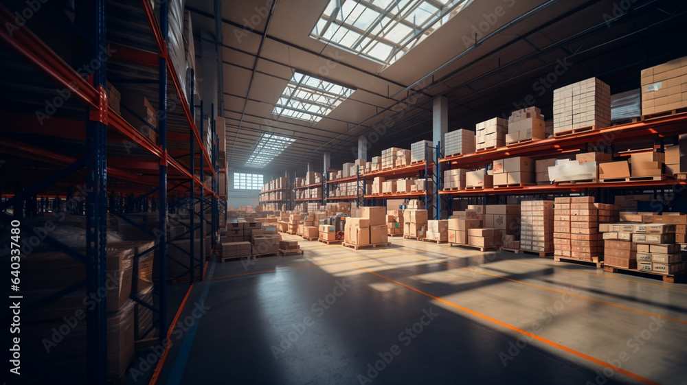 A large warehouse with numerous items. Rows of shelves with boxes. A large logistics warehouse full of boxes, parcels and merchandise. A large warehouse with numerous items. Rows of shelves with boxes. A large logistics warehouse full of boxes, parcels and merchandise.