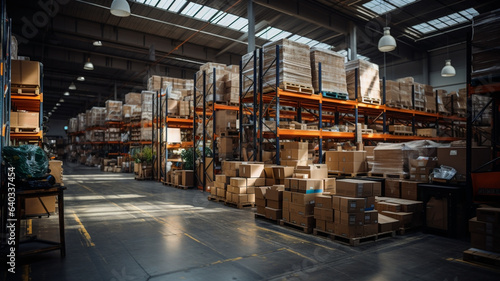 A large warehouse with numerous items. Rows of shelves with boxes. A large logistics warehouse full of boxes  parcels and merchandise.