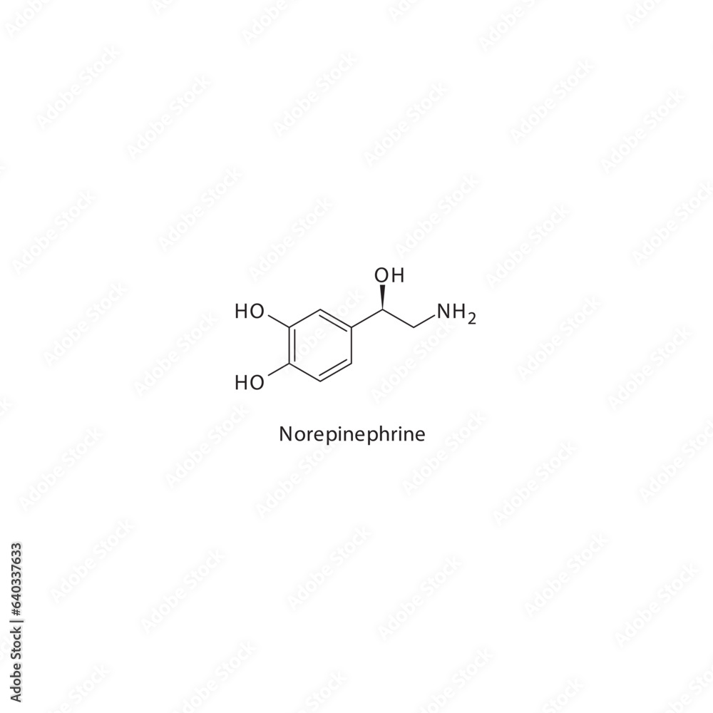Norepinephrine  flat skeletal molecular structure α1 agonist drug used in cardiovascualr problems, shock treatment. Vector illustration.