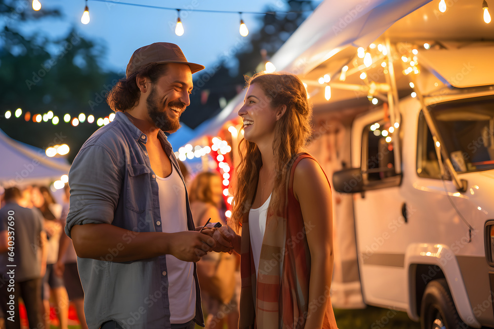 Couple laughing at fair, camper van, lights in background. Joyful connection. 