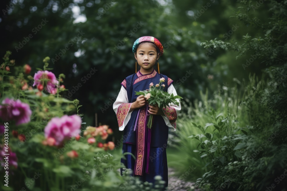 Girl traditional asian garden. Generate Ai