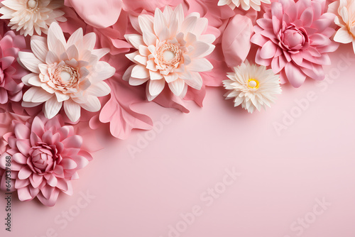 Pink background adorned with 3D flowers. Dimensional elegance. 