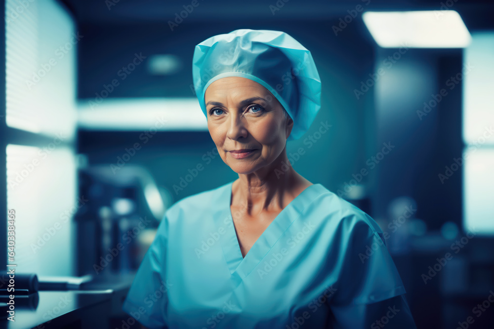 Female surgeon wearing a cap in operatin room looking at the camera. Confident and attractive mature physician