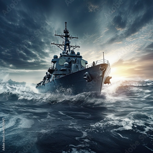 Destroyer Warship on the high seas. Threat. War, military maneuvers © Olena