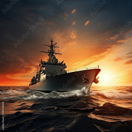 Warship frigate on the high seas. Threat. War  military maneuvers