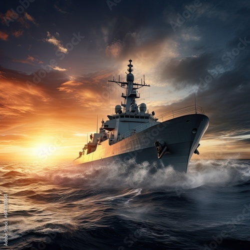 Warship frigate on the high seas. Threat. War, military maneuvers © Olena