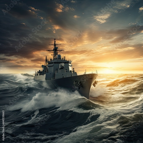 Warship frigate on the high seas. Threat. War, military maneuvers