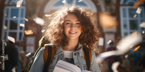 photograph of Young positive female student carrying books and a backpack through school