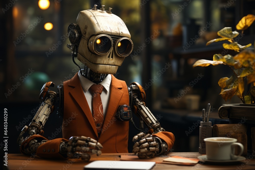 Rustic Office Scene with Robot at Desk. Rustic Office Scene with Robot at Desk.