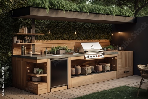 An outdoor entertainment area with a built-in barbecue. Generative AI © cretae