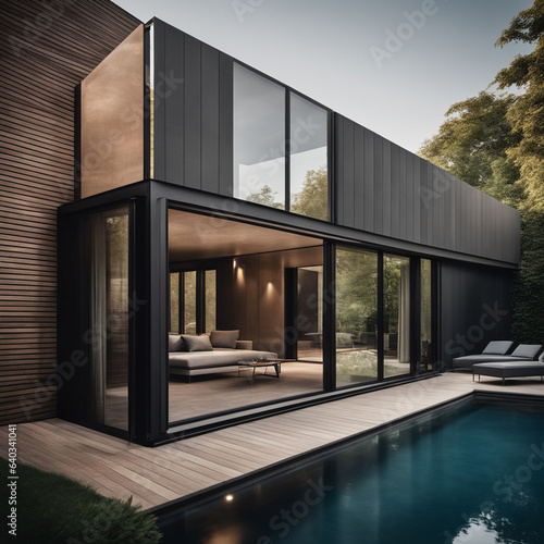 Comfortable modern house with a flat roof, illuminated by the setting sun, in modern style with large windows and a swimming pool near the house. © Iuliia