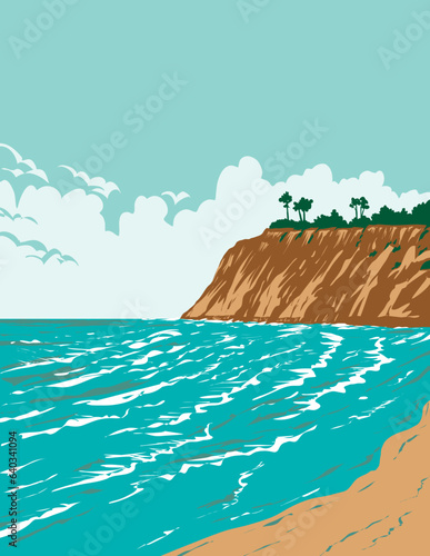WPA poster art of surf beach at Del Mar Rivermouth in Orange County, California CA, United States of America USA done in works project administration.
