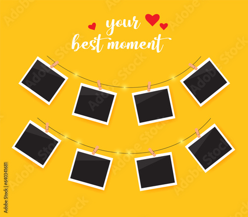 Polaroid frame photo mockup on a rope with clothespins.Best moment's. Vector illustration