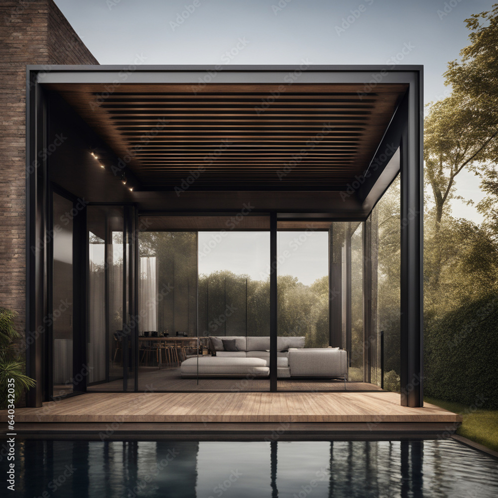 Fototapeta premium Comfortable modern house with a flat roof, illuminated by the setting sun, in modern style with large windows and a swimming pool near the house.