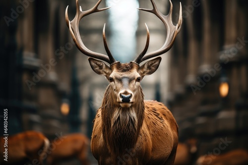 The deer walks along the street of the evening city. Destruction of the natural habitat of animals photo