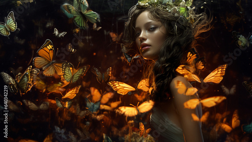 woman standing among butterflies 