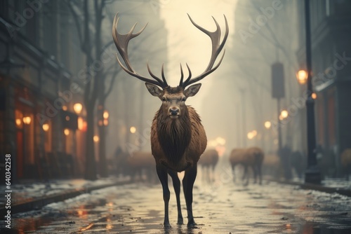 The deer walks along the street of the evening city. Destruction of the natural habitat of animals © Alesia