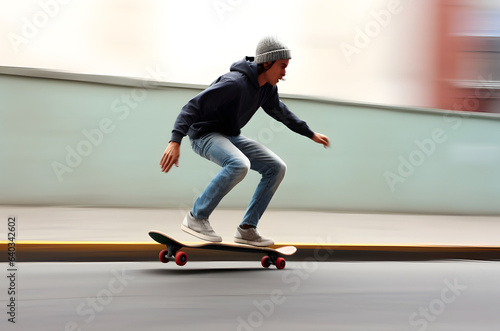 Fast moving asian skateboarder man skateboarding.
