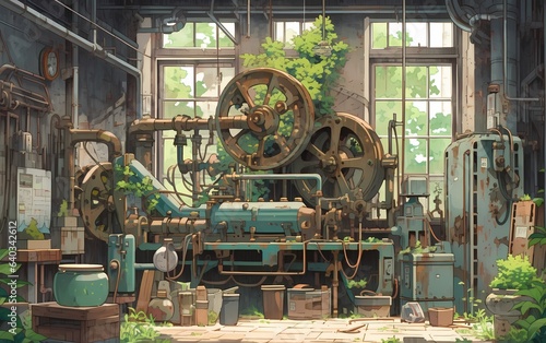 Illustration the intricate details of rusty, abandoned machinery in an old factory, where moss creeps through gaps in the metal