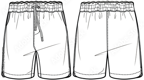 girls drawstring elastic waist shorts flat sketch vector illustration technical cad drawing template