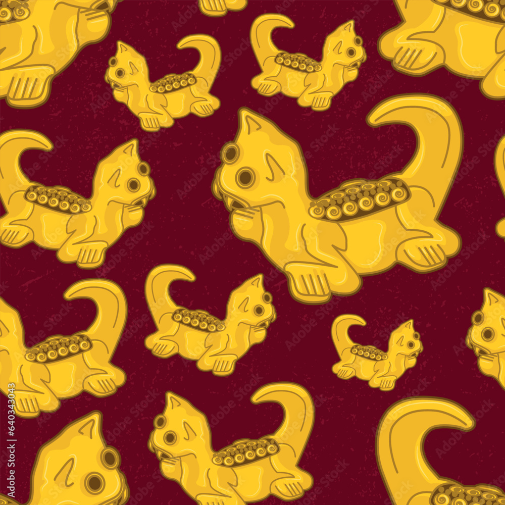 Beautiful colombian ancient indigenous golden feline representation seamless pattern over a violet worn out background