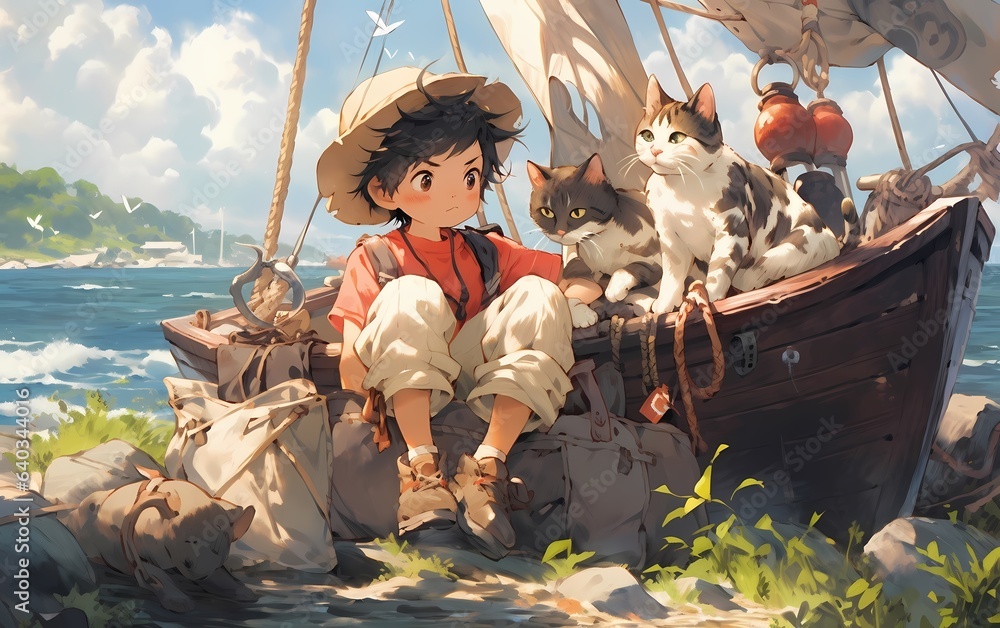 a boy and his pet cat donning pirate costumes