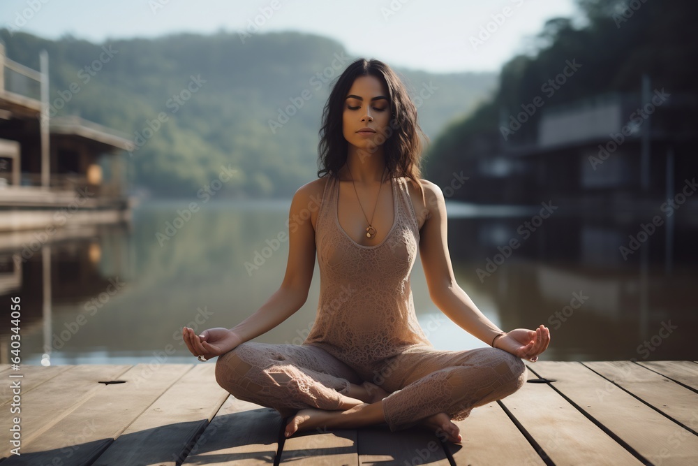 Woman in meditation pose. peace. sunrise. fitness. morning. yoga. happy