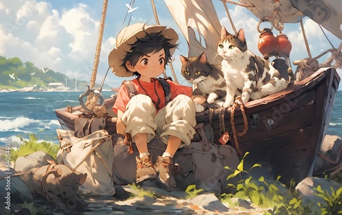 a boy and his pet cat donning pirate costumes