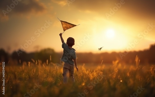 A boy running on a field with a kite flying