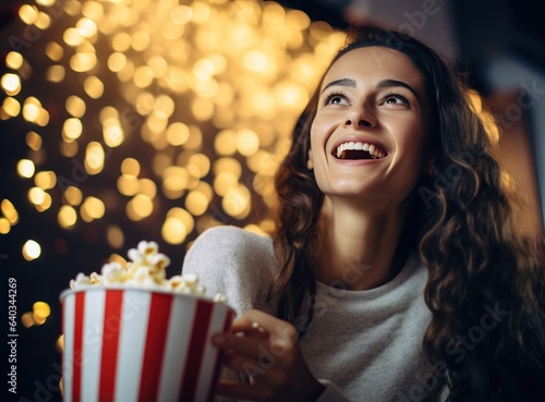 Happy young woman watching movie in her kitchen at home with popcorn