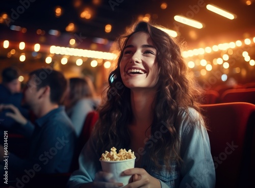 Happy young woman watching movie in her kitchen at home with popcorn