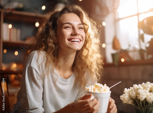 Happy young woman watching movie in her kitchen at home with popcorn