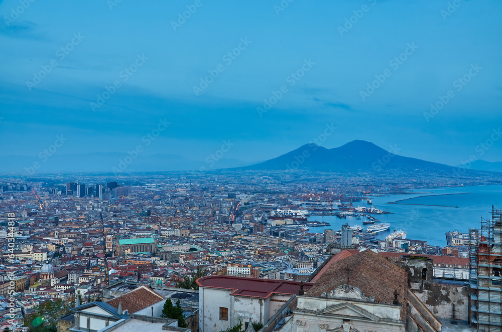 Panoramic scenic view of Naples at night, Italy