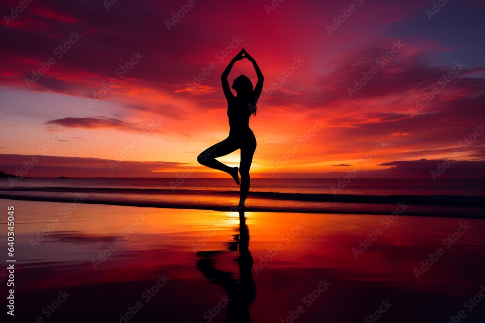 calm person practicing yoga at the beach. relax, sunrise. silhouette