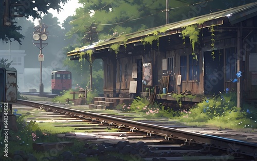 bandoned train depot reclaimed by nature, with moss-covered platforms and tracks