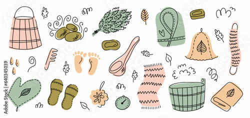 Vector collection of sauna and bathhouse elements, hand-drawn in the style of doodles