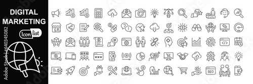 Digital marketing icon set. Social, networks, feedback, communication, marketing, ecommerce. Vector illustration. 
