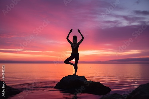 person doing yoga on the beach. silhouette. peace. sunrise sky. sunset