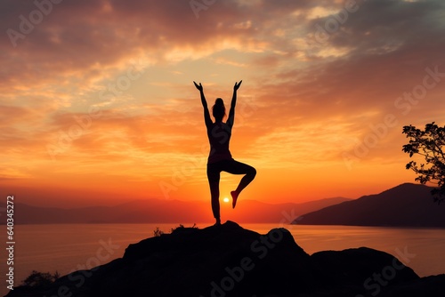 Happy yoga pose in the mountain. sunset. nature. sky background