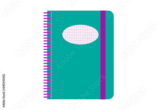 La vuelta al cole. Cuaderno verde con cuadrícula para título y goma elástica lateral en verde agua y fucsia