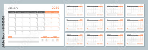 2024 calendar template. Corporate and business planner diary. The week starts on Monday. Set of 12 months 2024 pages. photo