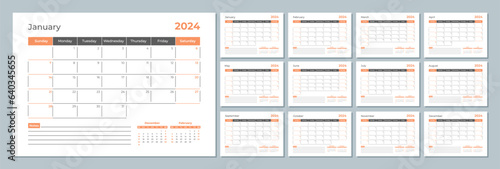 2024 calendar template. Corporate and business planner diary. The week starts on Sunday. Set of 12 months 2024 pages.