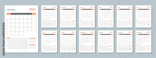 2024 calendar template. Corporate and business planner diary. The week starts on Sunday. Set of 12 months 2024 pages.