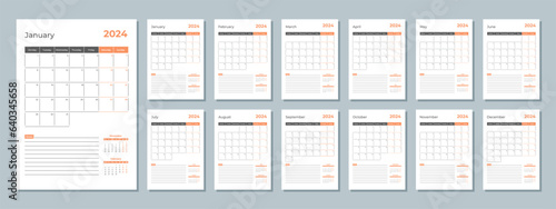 2024 calendar template. Corporate and business planner diary. The week starts on Monday. Set of 12 months 2024 pages.